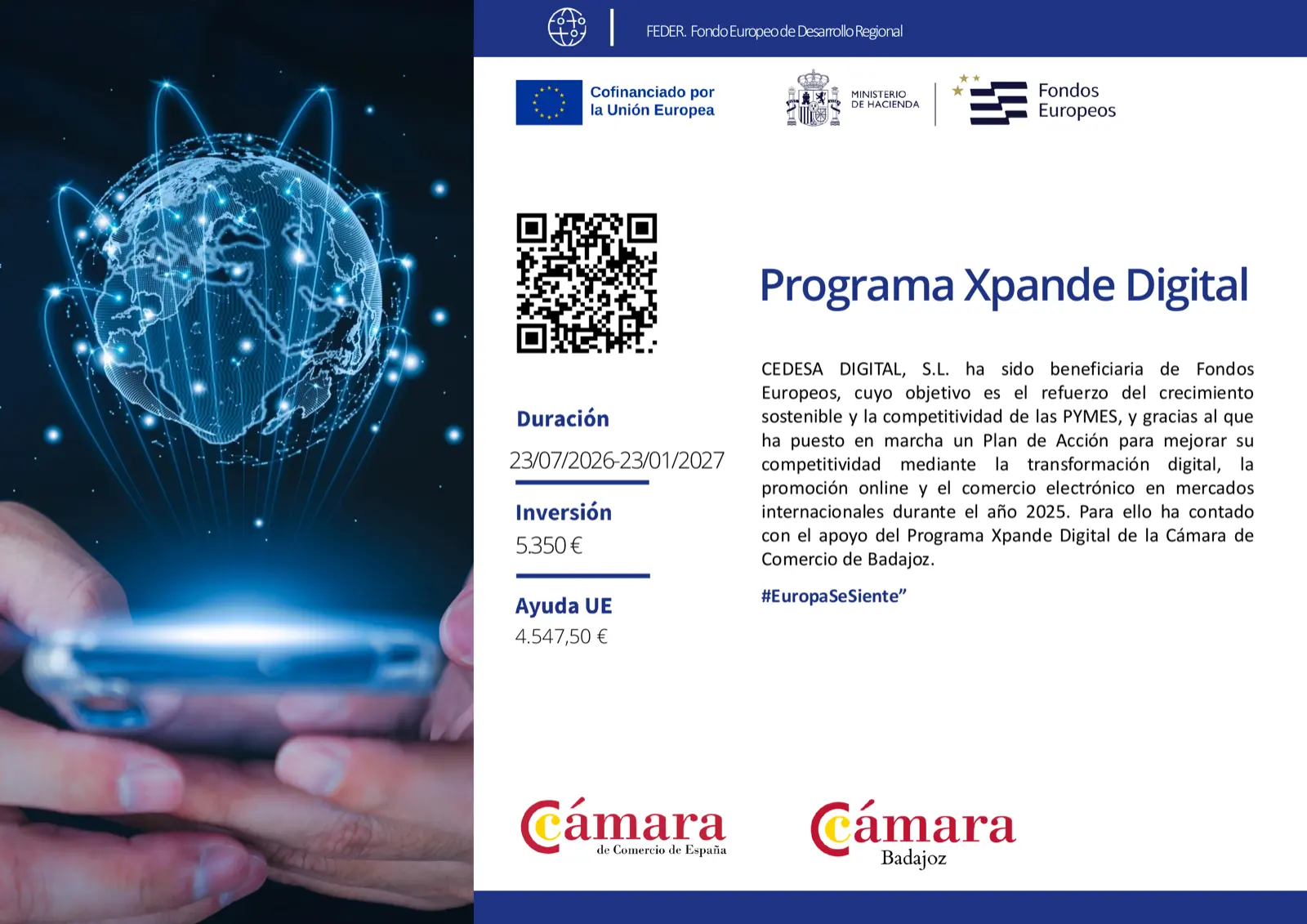 CEDESA DIGITAL, S.L., beneficiaria del Programa Xpande Digital de la Cámara de Comercio de Badajoz — Fondo Europeo de Desarrollo Regional (FEDER).