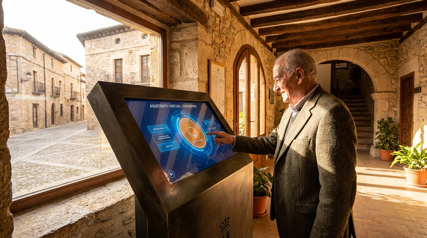 Ciudadano interactuando con asistente virtual IA en municipio rural