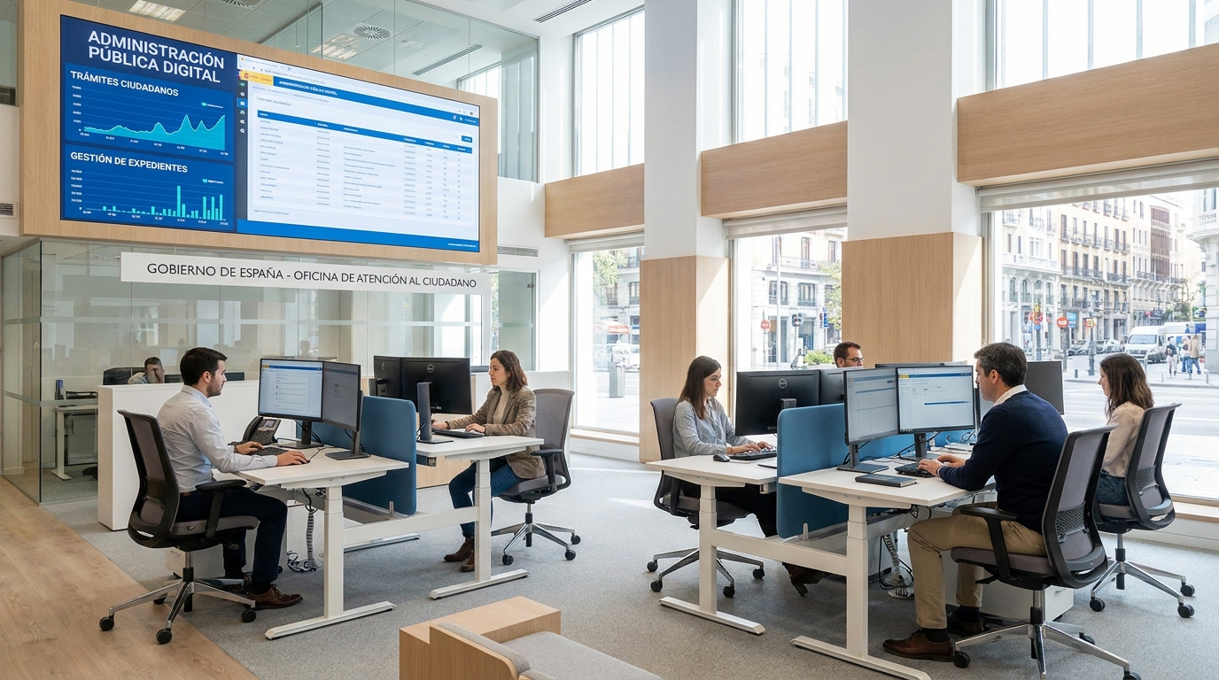 Oficina de administración pública digital con dashboards de gestión
