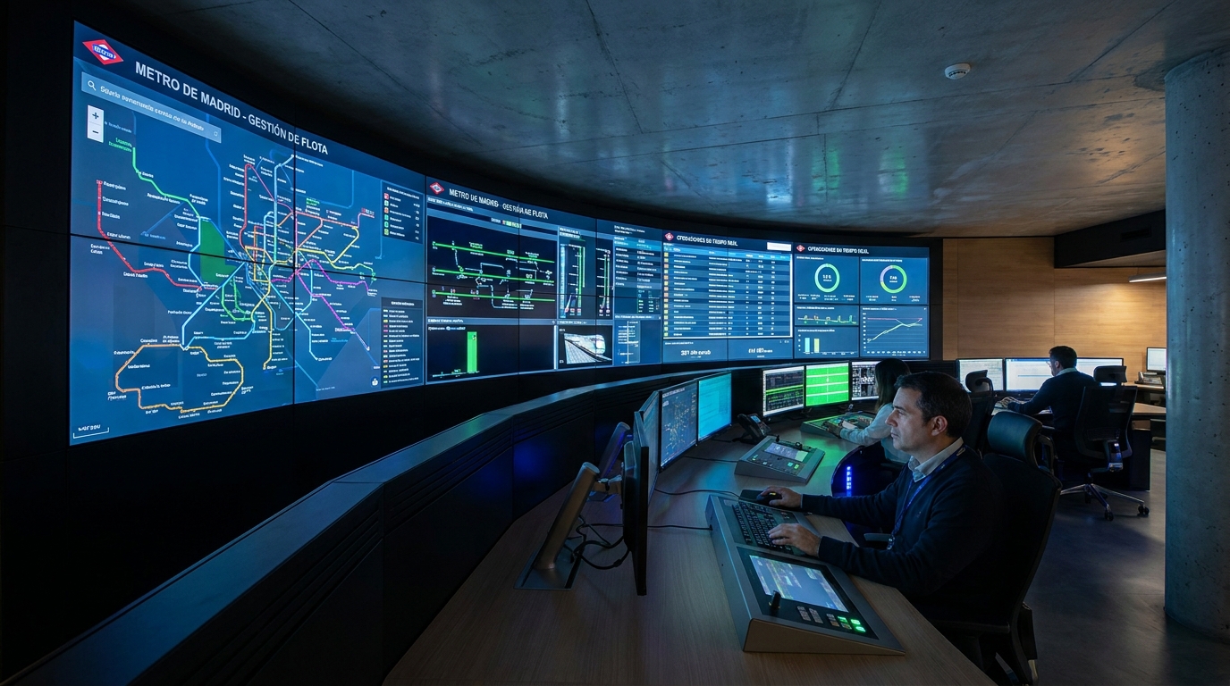 Sala de control de operaciones de metro con pantallas de gestión de flota